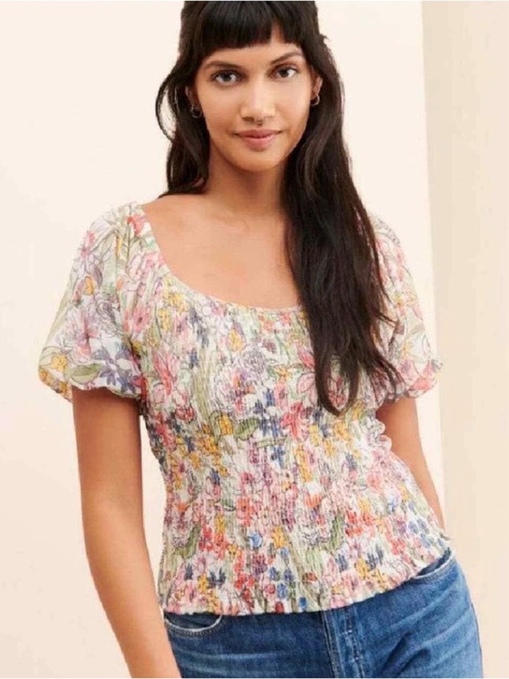 Anthropologie Aurelia Smocked Top Medium Floral Smocked Bodice Cottage Prairie